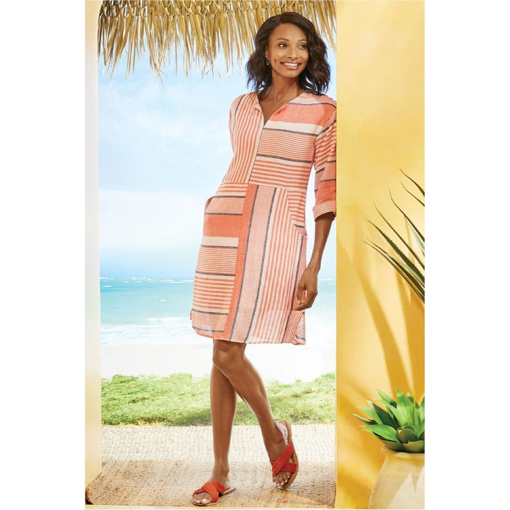 SOFT SURROUNDINGS biarritz orange patterned striped linen blend dress